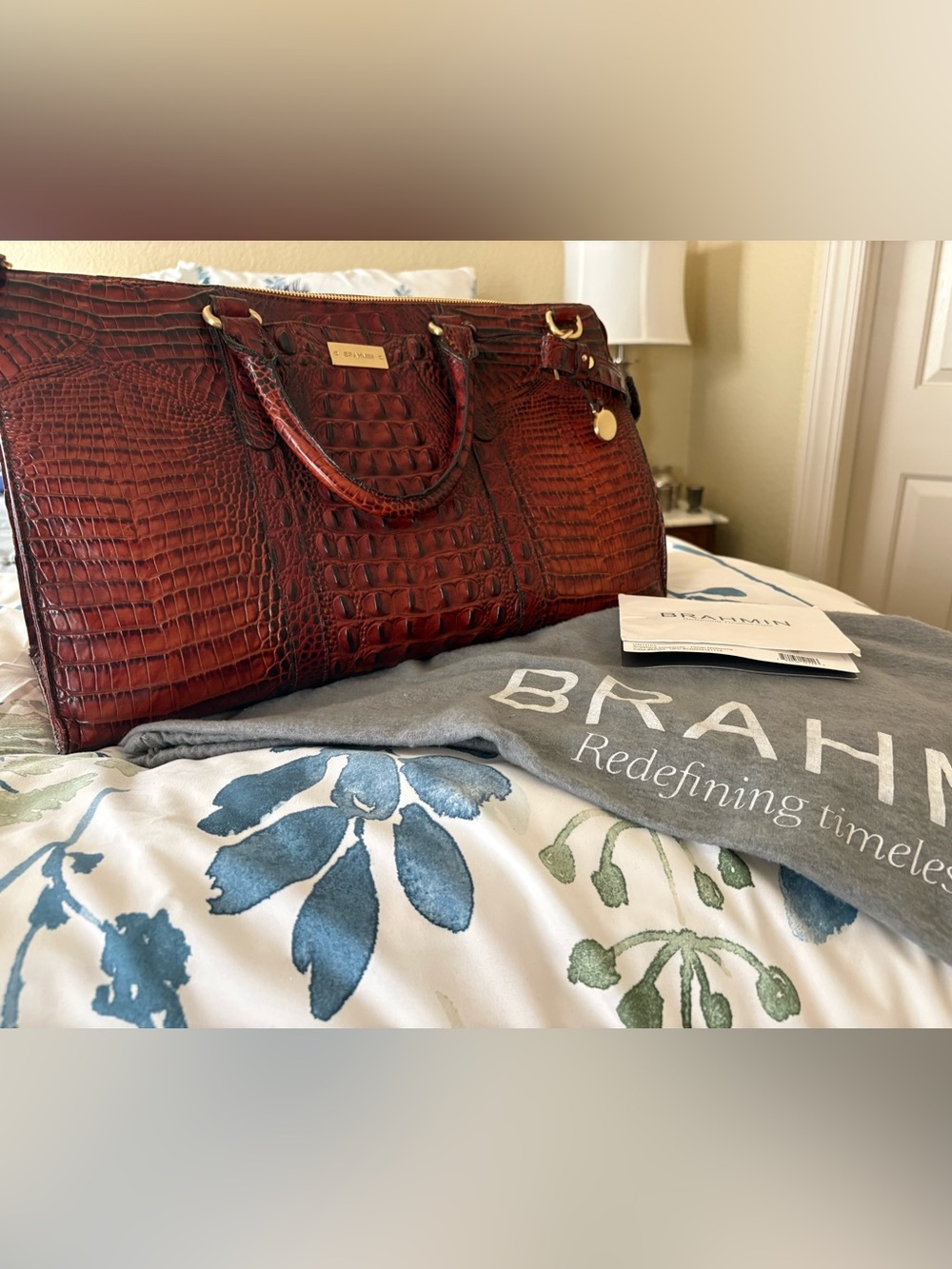Brahmin Pecan Melbourne Croc-Embossed Anywhere Weekender Bag